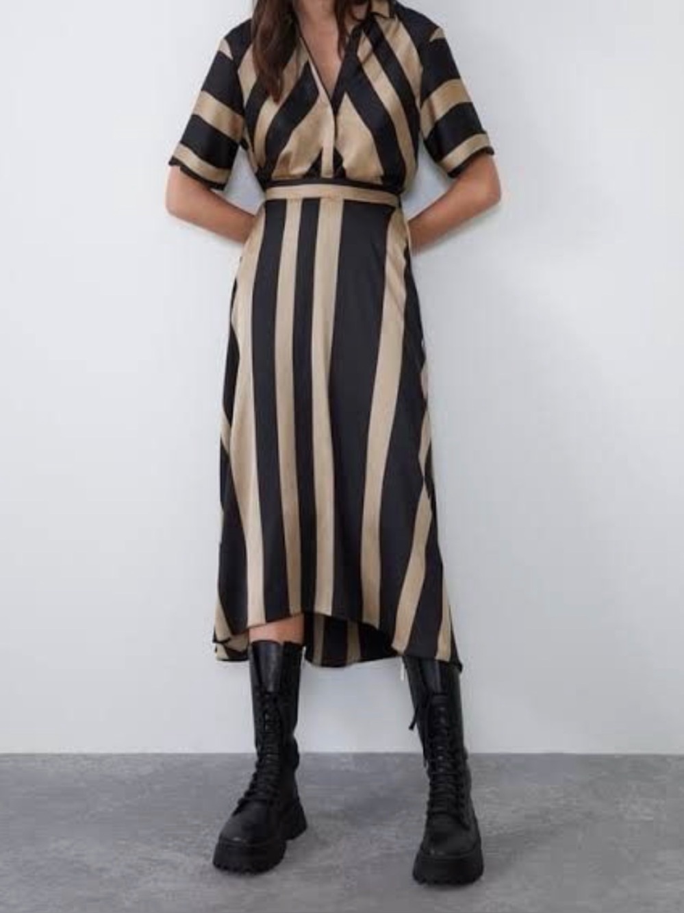 Zara Black and Gold Striped Satin Dress Size XS